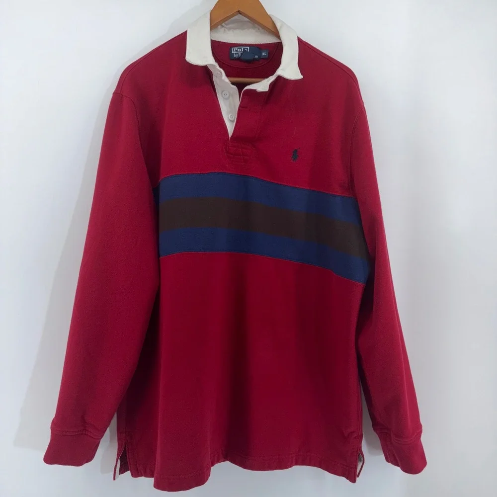 Polo Ralph Lauren Mens XL Red Striped Long Sleeve Rugby Shirt Fleece Pony Logo